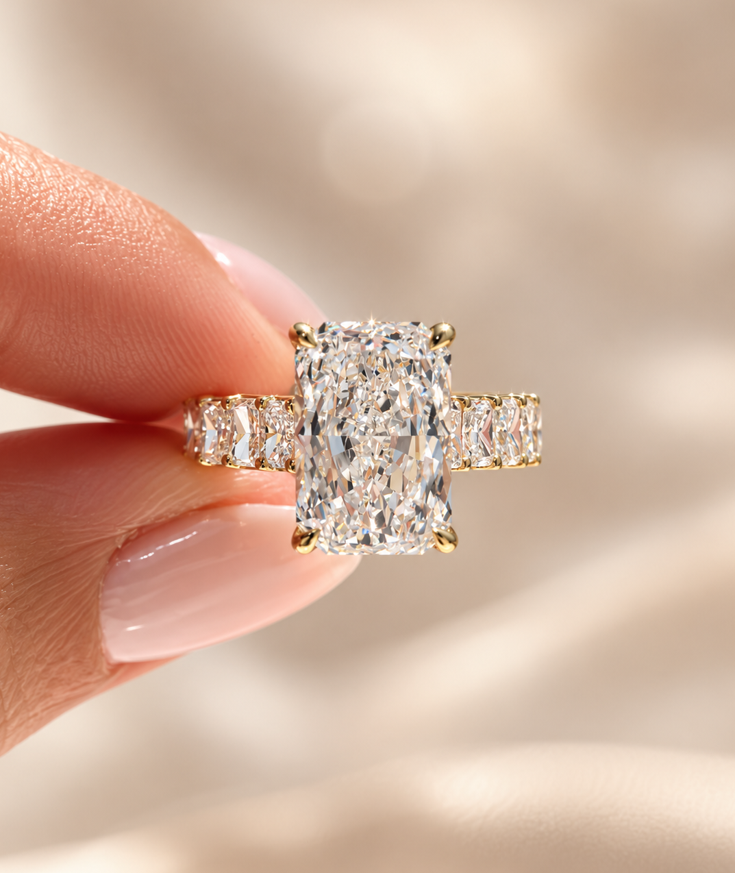 9.06 Carat Radiant Cut Shared Prong Diamond Ring